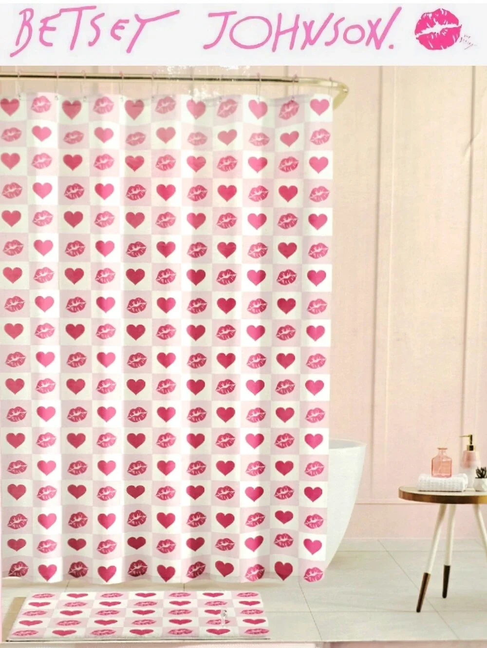 Betsey Johnson Heart & Kiss Pattern Multi-Piece Shower Curtain & Bath Rug Set